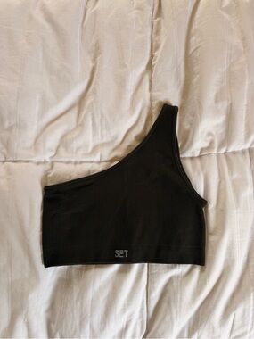 SET ACTIVE Sculptflex Ribbed One Shoulder Bra Onyx Black Size S